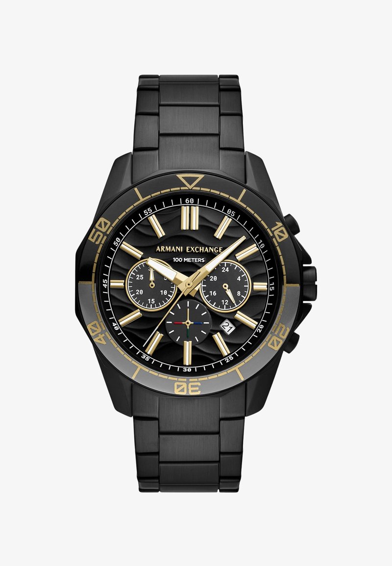 Črno nerjaveče jeklo kronografna ure z zlatimi poudarki, teksturirano črno številčnico, tremi podštevci, prikazom datuma in 100 metri vodoodpornosti.