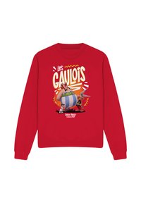 Red sweatshirt featuring a graphic print of two cartoon characters and the text "Les Gaulois." Crew neck, long sleeves, and soft texture.