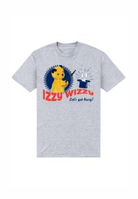 Graues Baumwoll-T-Shirt mit einem Druck eines gelben Charakters, der einen Zauberstab hält, mit dem Text "Izzy Wizzy, lass uns beschäftigt machen!" in Rot und Blau.