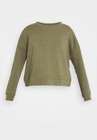 Sudadera verde oliva, confeccionada con tela suave, que presenta un ajuste holgado, cuello redondo y mangas largas con puños y dobladillo acanalados.