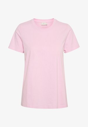 Lyserød bomulds T-shirt med korte ærmer, rund halsudskæring og en afslappet pasform. Har en glat tekstur og en etiket med teksten "Kaffe."