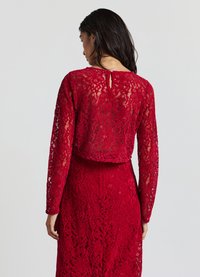 Abito lungo a maniche lunghe in pizzo rosso con un design cropped e una chiusura a oblò sul retro. Motivi floreali intricati su tutta la stoffa.