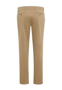 Beige Slim-Fit-Hosen aus weichem Stoff. Mit zwei Gesäßtaschen mit Knopfverschluss und Gürtelschlaufen an der Taille.