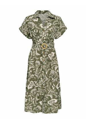 Groene midi-jurk met korte mouwen en een wit bloemenpatroon, knopen vooraan, kraag en een geweven riem met ronde gesp in de taille.