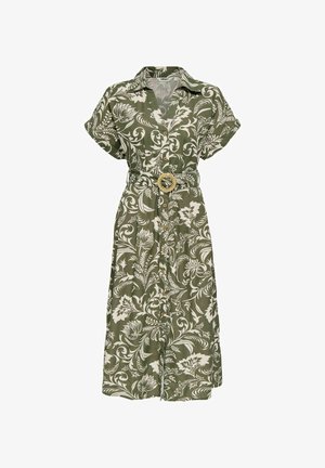 Robe midi verte à manches courtes avec motif floral blanc, boutonnée à l'avant, col, et ceinture tissée avec boucle ronde à la taille.