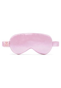 Jedwabna maska na oczy w delikatnym różowym kolorze, o gładkiej teksturze, konturowanym kształcie i regulowanym pasku z tkaniny dla większego komfortu.