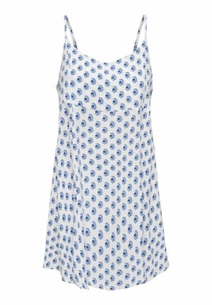 Hvid ærmeløs kjole med tynde stropper, med et blåt blomsterprint og et let udvidet skørt.