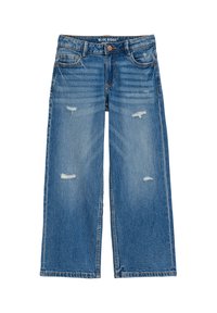 Blugi albaștri cu croială largă, detalii uzate, cinci buzunare și închidere cu nasture, marcați "Blue Ridge" pe talie.