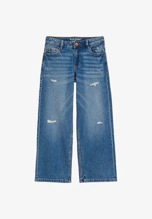 Kék, széles szárú farmer nadrág kopott részletekkel, öt zsebbel és gombos záródással, a derékrészen "Blue Ridge" márkajelzéssel.