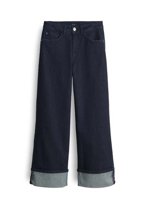 Dark blue denim wide-leg jeans with a high waist, featuring rolled hem cuffs in a lighter blue fabric and standard four-pocket design.