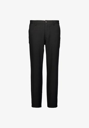 Zwarte broek van een gladde stof, met een vlakke voorkant, standaardzakken, een knoopsluiting en rechte pijpen.