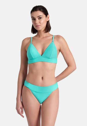 Turquoise bikini set featuring a triangular bralette and high-waisted bottom, made from smooth, stretchy fabric with simple, clean lines.