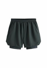 Mørkegrønne træningsshorts lavet af glat, letvægtsstof. Har en sammensnøret talje og to sidelommer. Inderskiktet er kortere.