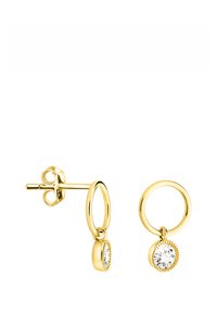 Guld hoops örhängen med en liten, glittrande klar sten hängande från varje. Har en mjuk, polerad yta och säker postfäste.