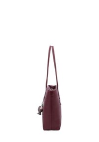 Borsa a tracolla in finta pelle color bordeaux con un design elegante, forma piatta e un charm decorativo a forma di animale attaccato al lato. Spallacci lunghi.
