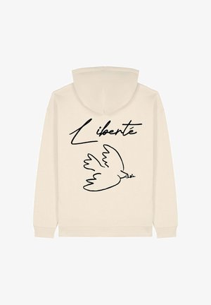 Licht beige met capuchon uitgeruste sweatshirt met een zwarte schets van een duif die een olijftak vasthoudt en het woord "Liberté" in cursief erboven.