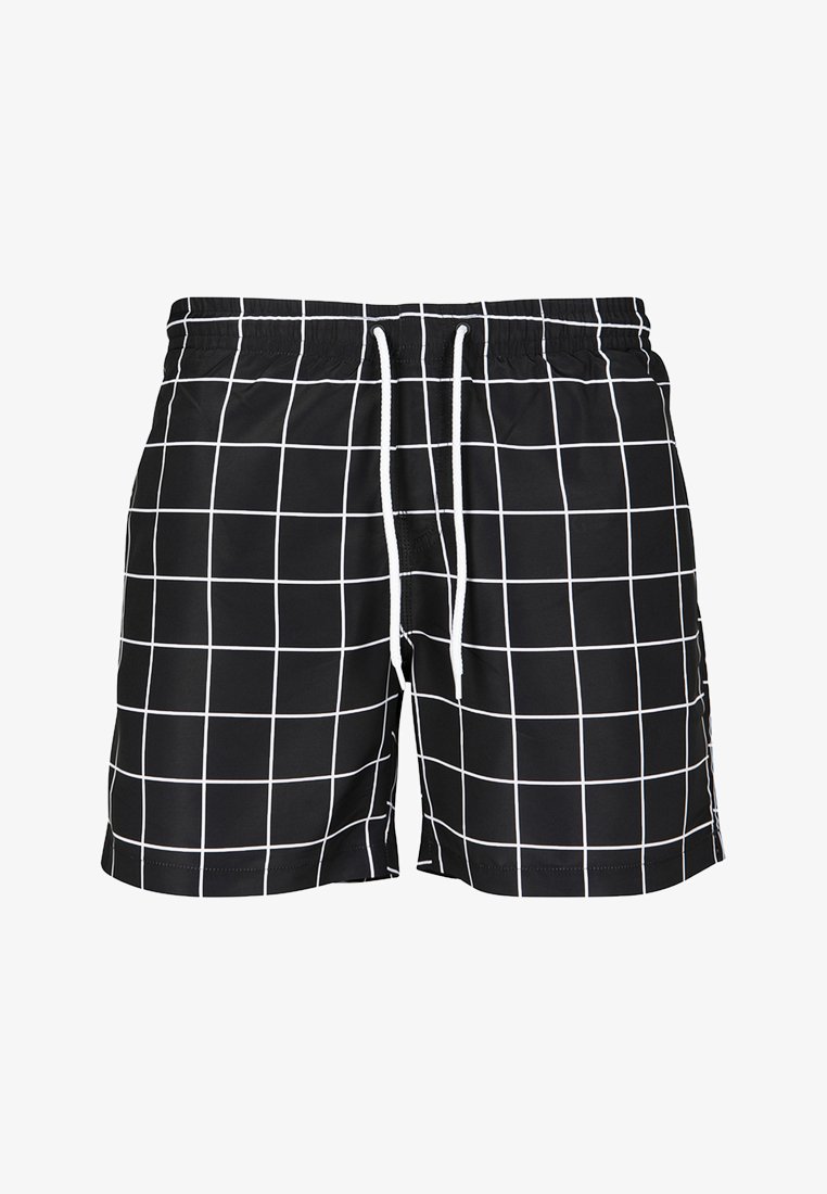 Shorts de bain noirs avec un motif à carreaux blancs, dotés d'une taille élastique et d'un cordon de serrage. Texture lisse et longueur au-dessus du genou.