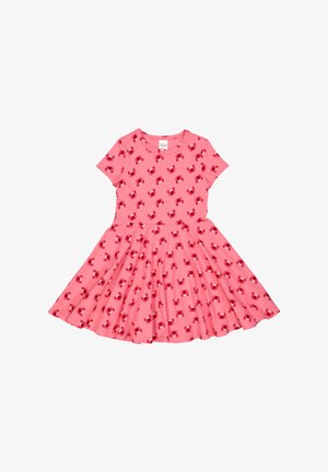 Rosa Kleid mit kurzen Ärmeln und gerafftem Rock. Hat ein rotes Krabbenmuster. Aus dehnbarem Stoff gefertigt, geeignet für legere Anlässe.