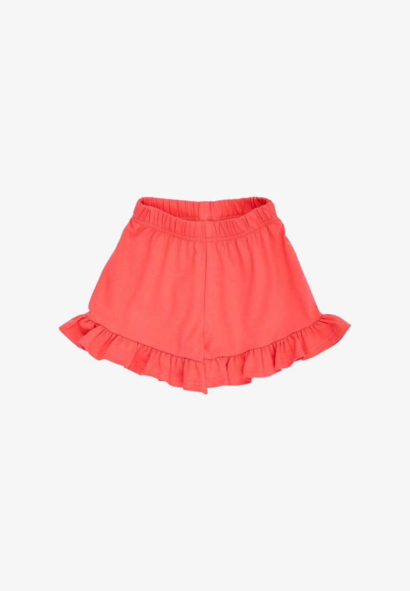 Short corail pour tout-petit avec taille élastique et ourlet volanté sur fond blanc.