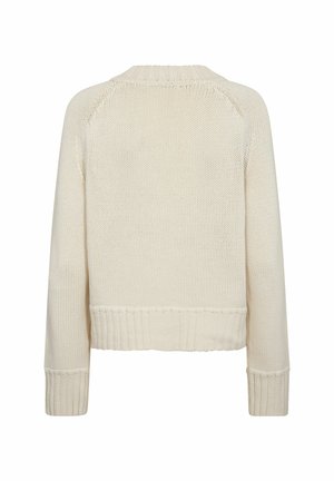 Kremasto obojeni pleteni pulover s dugim rukavima, rebrastim manšetama, rubom i ovratnikom, prikazan s leđa na bijeloj pozadini.