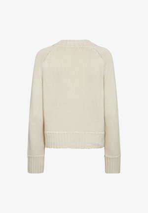 Kremasto obojeni pleteni pulover s dugim rukavima, rebrastim manšetama, rubom i ovratnikom, prikazan s leđa na bijeloj pozadini.