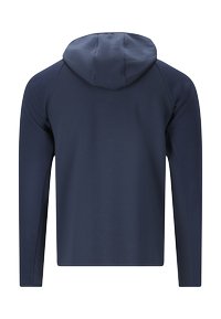 Navy sininen huppari, jossa on teksturoitu kuvio hihoissa, pehmeä materiaali ja mukava istuvuus. Takana on pyöreä huppu.