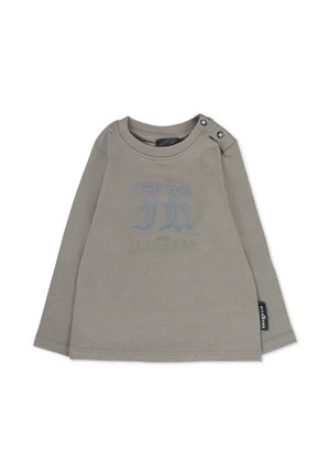 Grijze longsleeve shirt met een ronde halslijn, voorzien van een getextureerd logo "JR" en "Richmond" in het blauw. Knopenaccenten op de schouder.