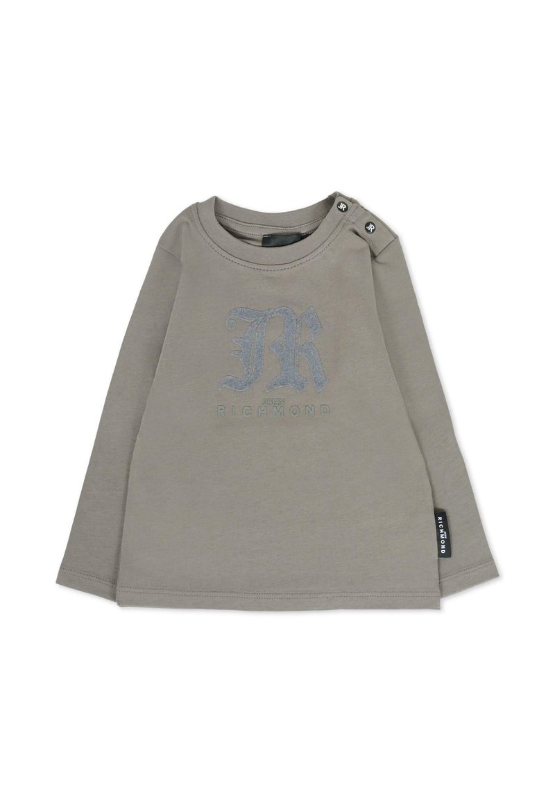 Szara koszulka z długim rękawem i okrągłym dekoltem, z teksturowanym logo "JR" i "Richmond" w niebieskim kolorze. Akcenty guzikowe na ramieniu.