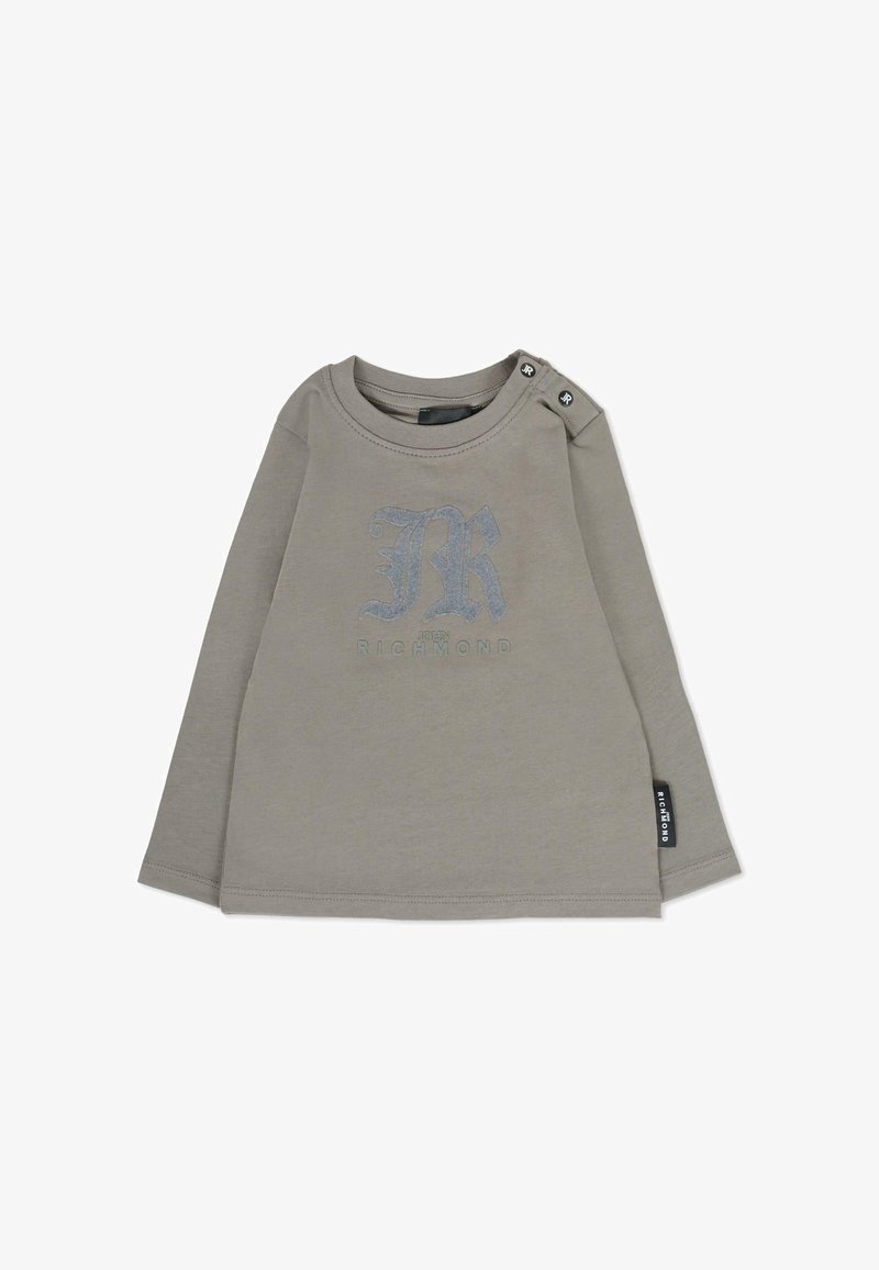 Szara koszulka z długim rękawem i okrągłym dekoltem, z teksturowanym logo "JR" i "Richmond" w niebieskim kolorze. Akcenty guzikowe na ramieniu.