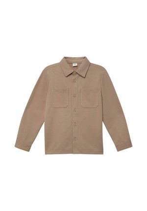 Beige long-sleeve shirt with a collar, button closure, and two chest pockets. Made from smooth fabric, featuring a simple design.