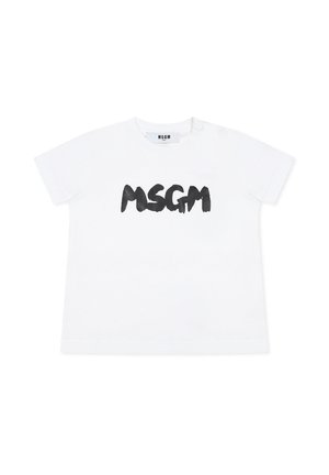 T-shirt in cotone bianco con un audace logo "MSGM" nero, maniche corte e bottoni sulla spalla per facilitare l'indossare.