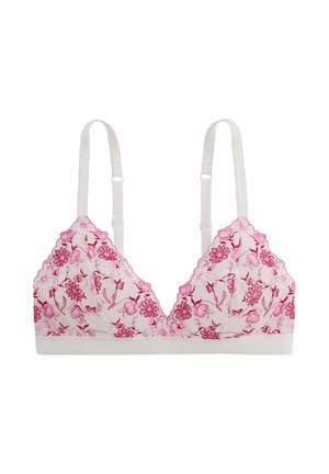 Soutien-gorge blanc avec broderies florales roses, bretelles ajustables et bords festonnés sur un fond uni.