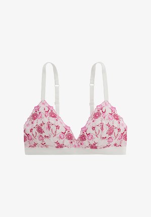 Soutien-gorge blanc avec broderies florales roses, bretelles ajustables et bords festonnés sur un fond uni.