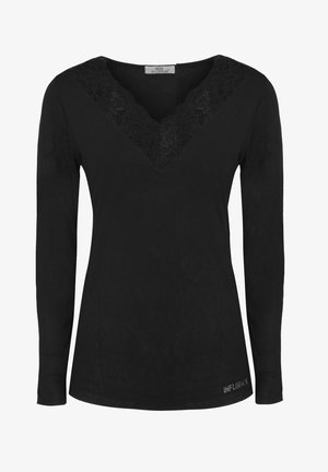 Top negro de manga larga con escote en V, con detalles de encaje en el escote y un dobladillo ligeramente curvado. Acentuado con el texto "INFLUENCER".