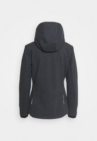 Mørkegrå tekstureret jakke med hætte, der har sidelommer og kontrasterende hvide lynlåsdetailler. Glat stof med mønstret finish.