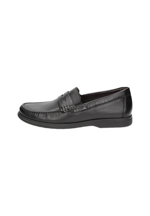 Schwarzer Leder-Slipper mit abgerundeter Spitze, niedrigem Absatz und horizontalem Riemen über dem Vorderfuß.