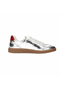 Silver metallic sneakers with a white tongue, cream laces, and a red heel accent; features small ventilation holes and a gum sole.