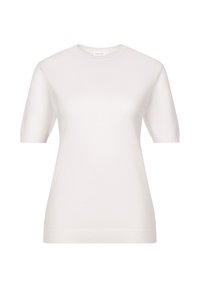 Maglietta bianca a maniche corte realizzata in tessuto a coste. Presenta una scollatura tonda e una silhouette aderente, con una texture liscia e un leggero effetto elasticizzato.