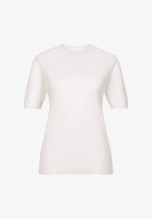 Haut blanc à manches courtes en tissu côtelé. Présente un col rond et une silhouette ajustée, texture lisse avec une légère élasticité.