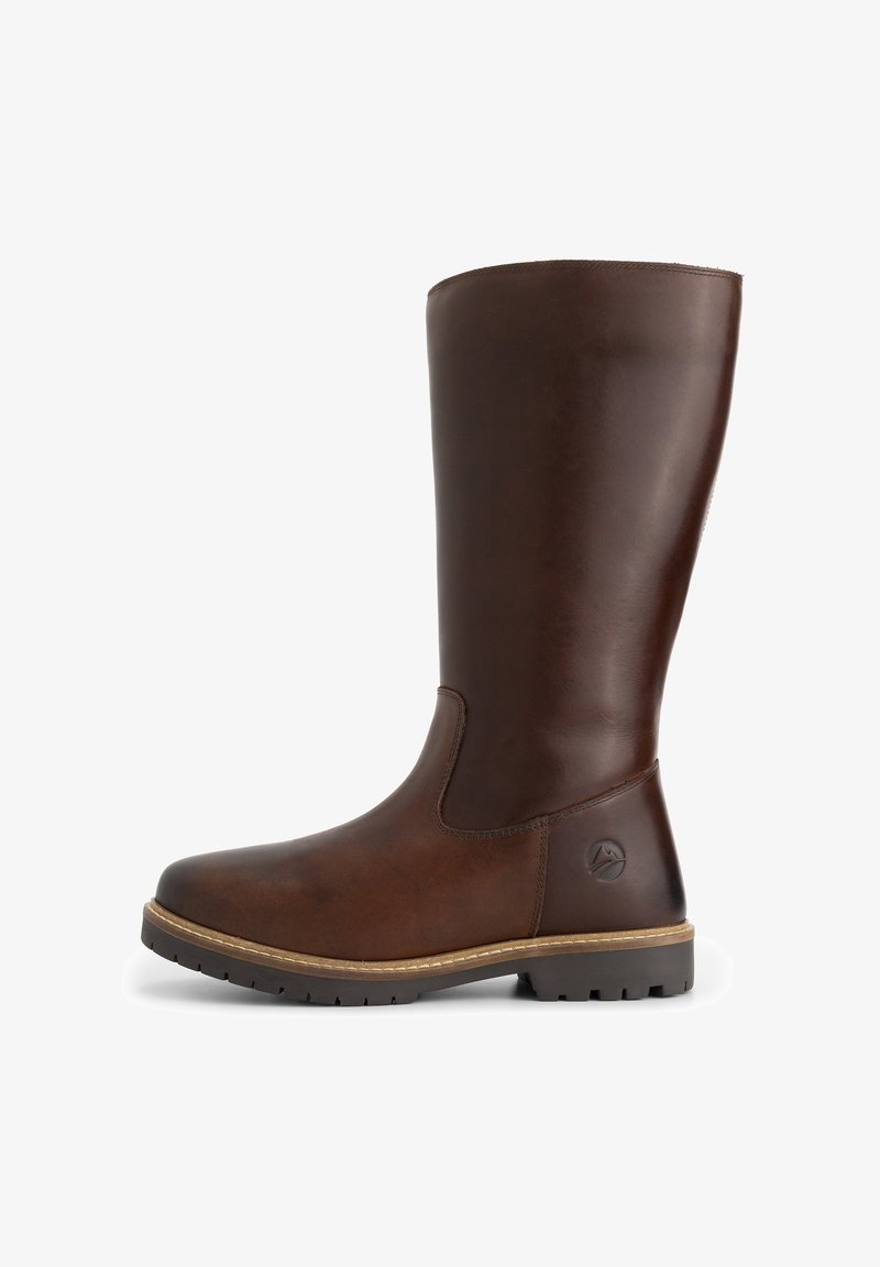 Bruine leren laars tot de knie met een ronde neus, textuuroppervlak, zijpaneel en contrasterende stiksels; rubberen zool met profiel.