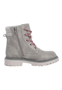 Gray suede ankle boot with pink laces, side zipper, and rugged sole. Features silver hardware and textured detailing on the upper.