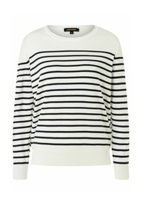 Gestreifter Pullover in Weiß mit schwarzen, horizontalen Streifen. Verfügt über einen runden Ausschnitt und lange Ärmel mit gerippten Bündchen und Saum. Glatte Textur.