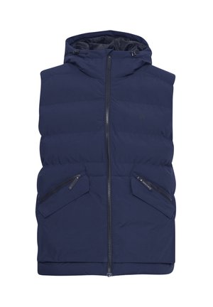 Marineblauwe gewatteerde vest met een rits over de volle lengte, een verstelbare capuchon en twee schuine ritszakken aan de voorkant. Glad textuur.