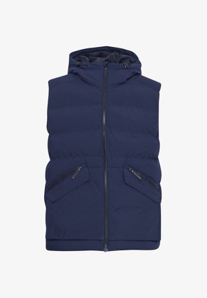 Marineblauwe gewatteerde vest met een rits over de volle lengte, een verstelbare capuchon en twee schuine ritszakken aan de voorkant. Glad textuur.