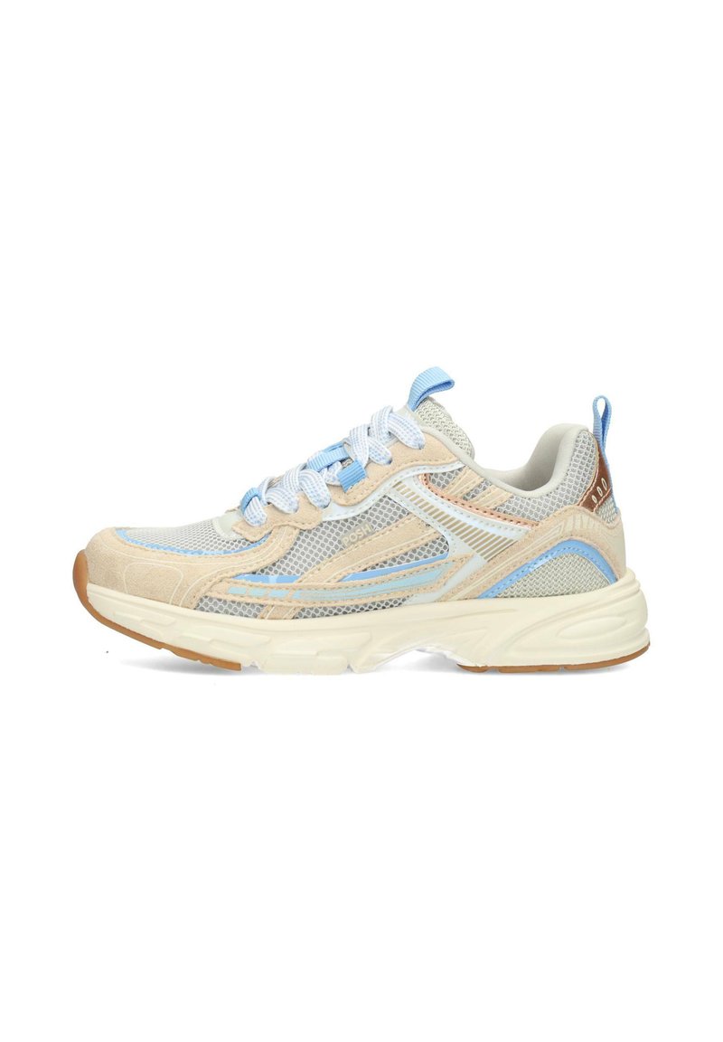 Scarpa da ginnastica sportiva color beige chiaro e blu con pannelli in mesh, suola bianca e linguette blu sulla linguetta e sul tallone, mostrata di profilo laterale.
