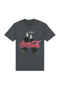Šedé bavlněné tričko s grafickým designem dvou lahví Coca-Cola zdobených barevnými svátečními světly a textem "Užijte si Coca-Colu."