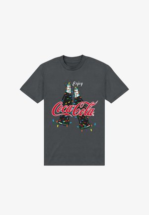 Graues Baumwoll-T-Shirt mit einem grafischen Design von zwei Coca-Cola-Flaschen, die mit bunten Weihnachtslichtern geschmückt sind, und dem Text "Genieße Coca-Cola."