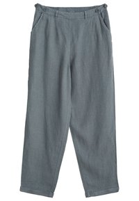 Pantalons en lin gris avec une coupe ample, dotés de deux poches latérales, d'une taille avec deux boutons et de revers au bas.
