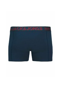 Marinefarbene Boxershorts mit einem roten elastischen Bund, der das Logo "JACK & JONES" zeigt. Hergestellt aus einem glatten, dehnbarem Stoff mit einer figurbetonten Passform.