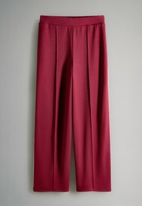 Crimson wijde broekspijpen met een gladde textuur, voorzien van voorplooien en een elastische tailleband voor gemakkelijk dragen.